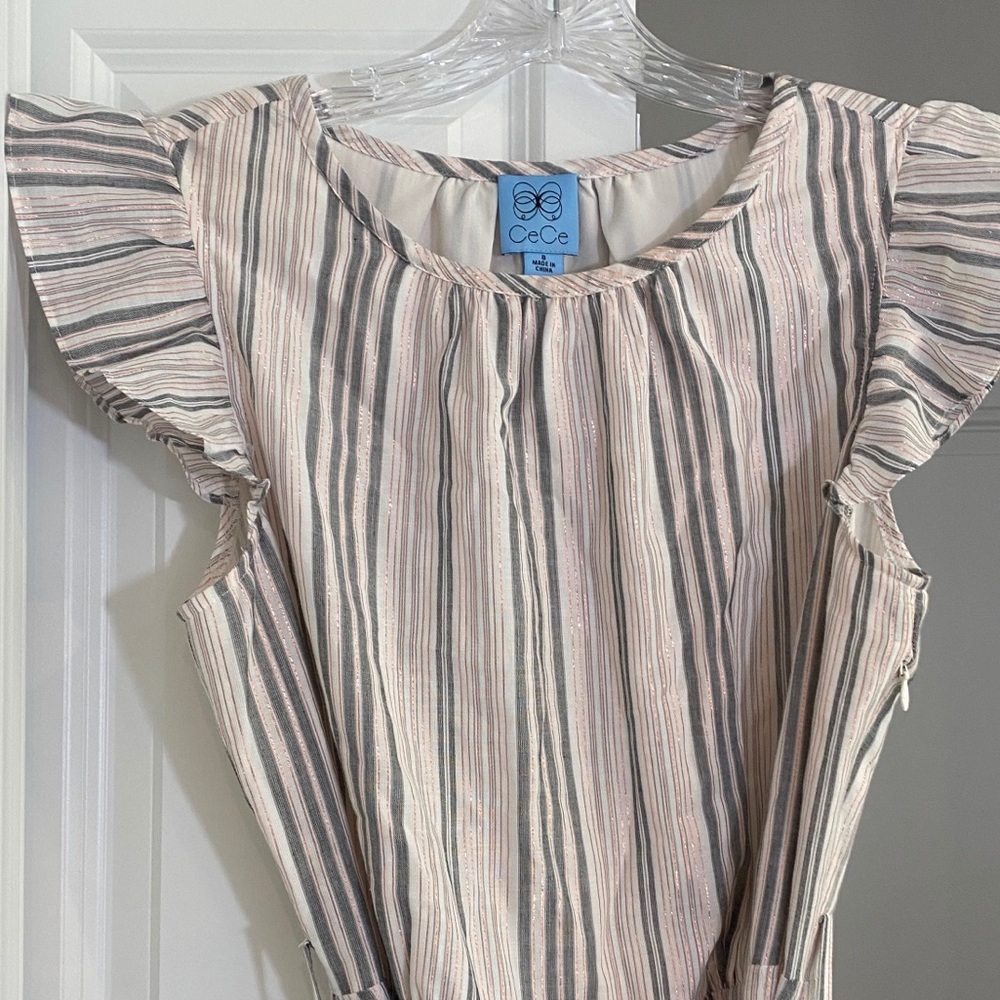 Cece Flutter Sleeve Metallic Stripe Ruffled Dress - image 7